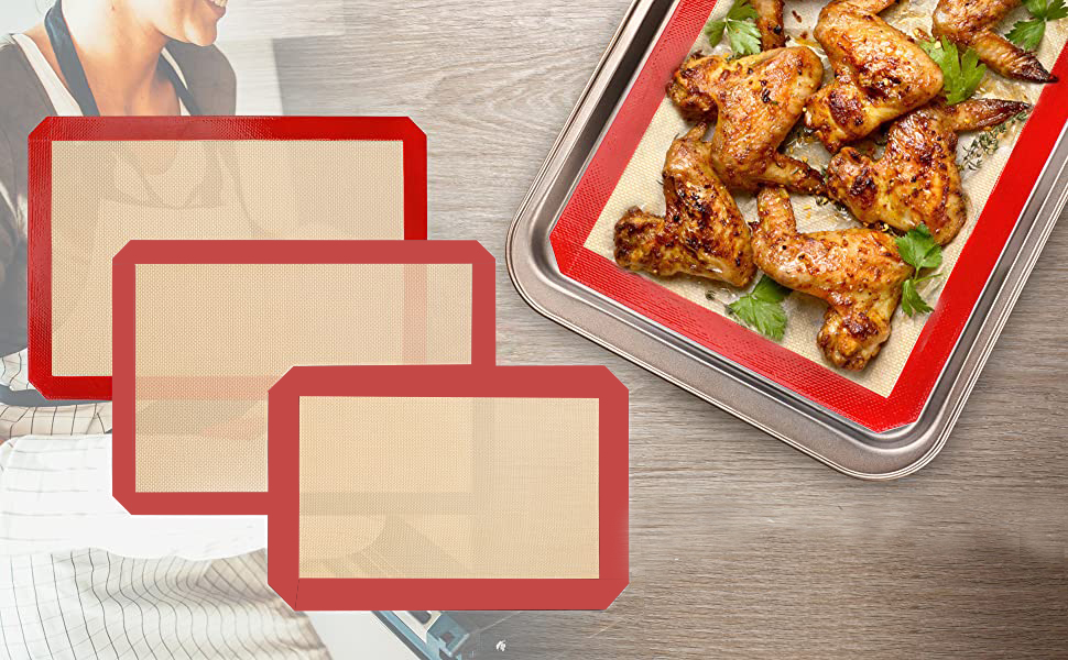 Silicone Baking Mat Half Sheet (2 Pack of 16.5" x 11.5"and 1 11.5'' x 8
