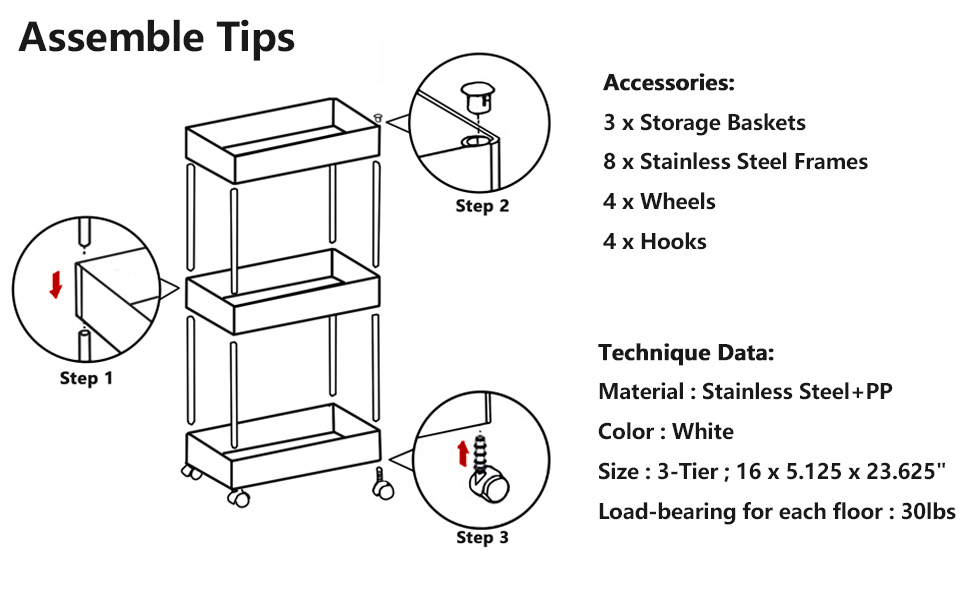 PILITO Slim Storage Cart 3 Tier Rolling Utility Cart Mobile