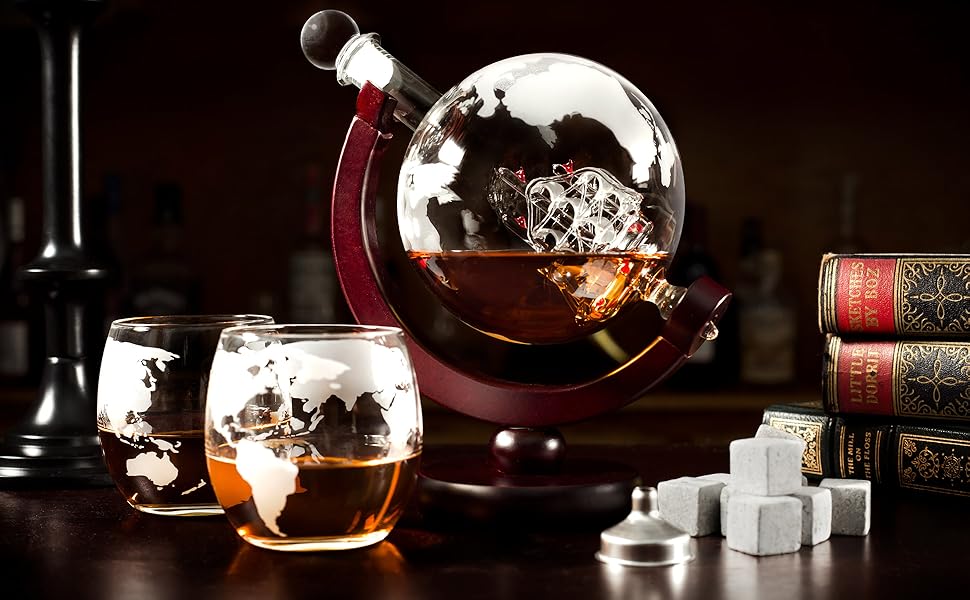 Atterstone Whiskey Decanter Set. Handblown Glass Globe Decanter Whisky