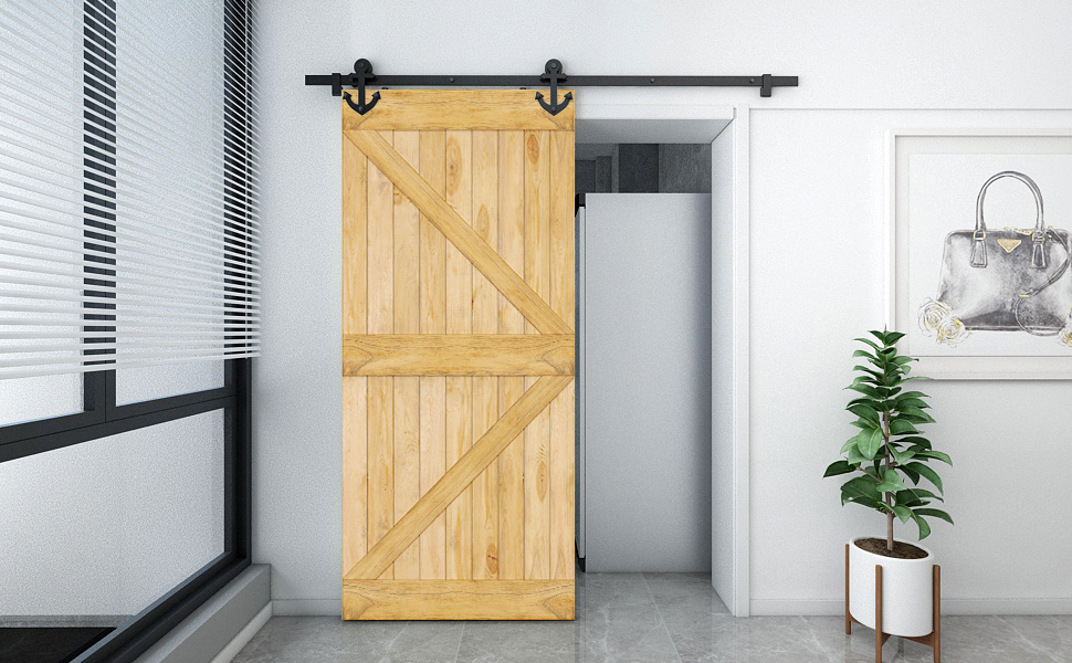 JUBEST 200cm/6.6ft Steel Sliding Door Kit, Barn Door Hardware Black