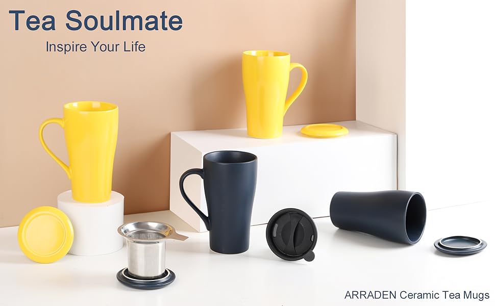 ARRADEN Tea Cup with Infuser and 2 Lids, 18oz Large Tea