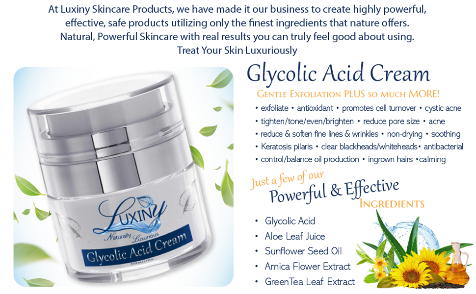 Glycolic Acid Cream, Exfoliation, Acne, Keratosis pilaris, Blackheads, Fine Lines & Wrinkles 
