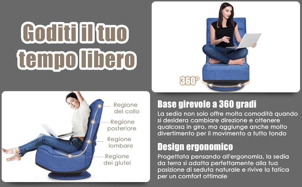 COSTWAY Poltrona Sedia Relax Pieghevole Reclinabile Girevole, Divano Comodo Per Studio Salotto, Con Schienale, Ottima Per Rilassarti, Blu 11 2