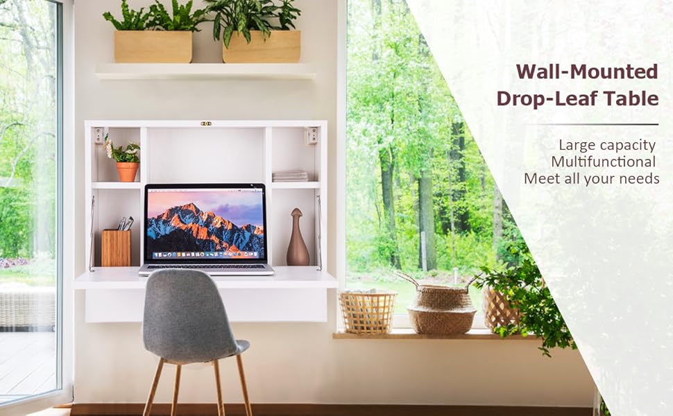 COSTWAY Wall-mounted Drop-leaf Table, Space Saving Laptop Computer Desk Workstation, Folding Hanging Table Cabinet With Storage Drawer And Shelves, Capacity 20KG (White) 11 s