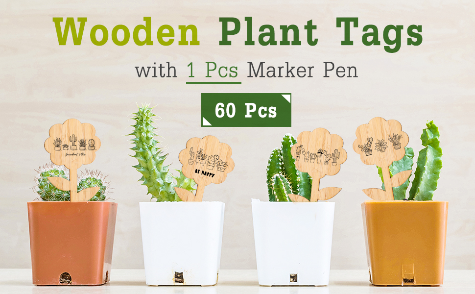 Whaline 60Pcs FlowerType Bamboo Plant Labels with 1 Marker Pen EcoFriendly Wooden