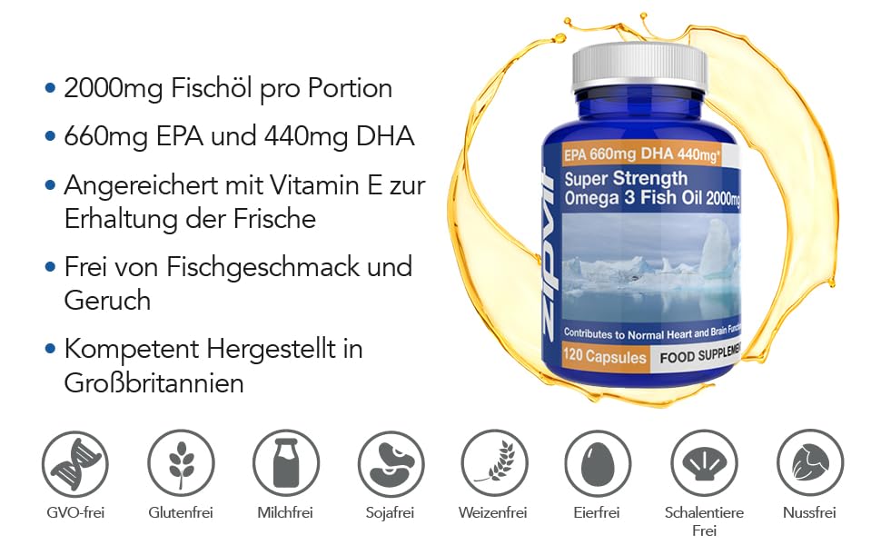 Omega 3 Fischöl 2000 mg, 120 Omega 3 Kapseln Hochdosiert mit ...
