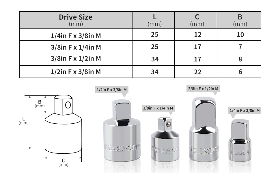 MAXPOWER 4Piece Socket Adapter Set, 1/4" x 3/8", 3/8" x 1/4", 3/8" x 1/2", 1/2" x 3