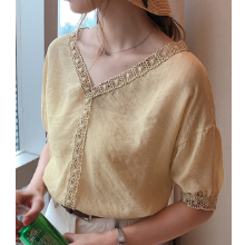 [1/2style (ニブンノイチスタイル)] 五分袖 シフォン レース シャツ ブラウス チュニック トップス レディース