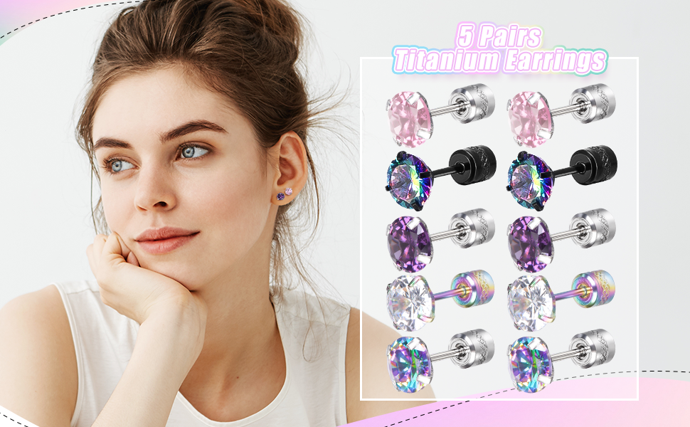HEQU 5 Pairs Titanium Earrings for Women Men, Hypoallergenic Stud