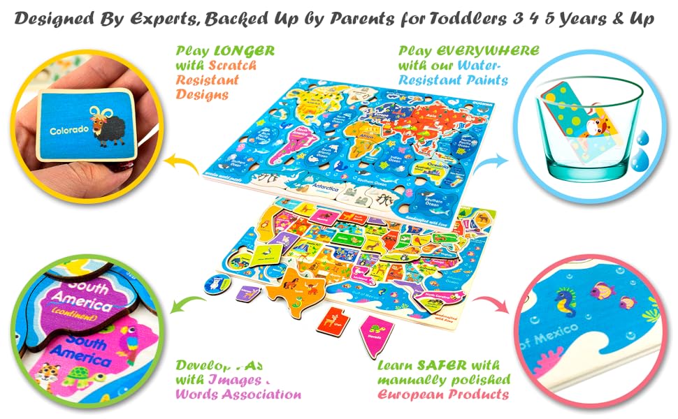 Kids Boys Girls 2 3 4 5 Years toy Age toddler old Large Wooden toys usa world map Puzzles Toddlers