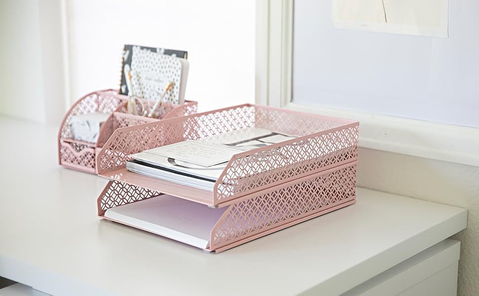 Blu Monaco Pink Desk Organizer Stackable Paper Tray Set of