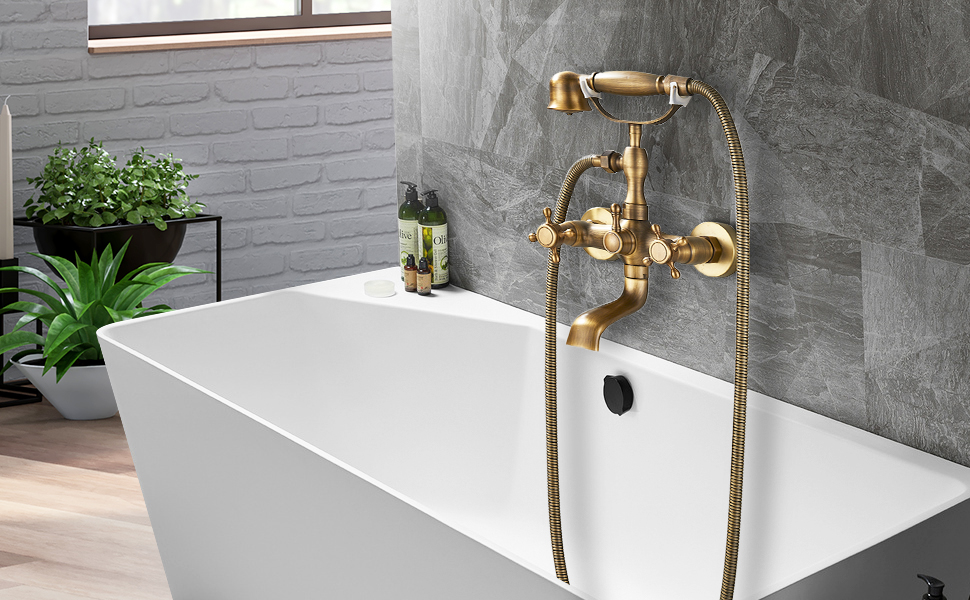 Rozin Retro Bath Tap with Hand Shower, Antique Brass Bathtub Faucet