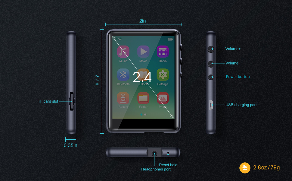 32G MP3 Player Bluetooth 5.0, Full Touch Screen HiFi Lossless MP3 Music Player, Linein Speaker