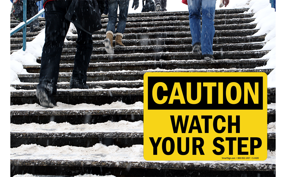 SmartSign-S-4415-Pl "Caution - Watch Your Step Use Handrail" Sign | 10" x 14" Plastic - Black on Yellow
