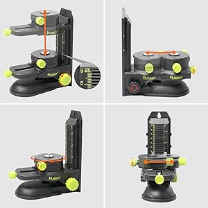 Huepar Adaptateur Niveau Laser, Base Pivotante Magnétique Multifonctionnelle Avec Clip Réglable, Laser Level Adapter à 360° Avec Filetage Mâle 1/4"-20, Rotation Précise à Micro-réglage - PV10+ 11 Support à Réglable Fin Multidirectionnel ●Ajustez la hauteur dans les 9cm. Un bouton de verrouillage permet de fixer la hauteur de travail. ●Les graduations sont marquées en pouces et en centimètres pour faciliter la lecture. ●Ajustez la position avant et arrière à moins de 5,5cm pour convenir aux outils laser de différentes tailles. ●Faites des ajustements à 360° dans le sens des aiguilles d'une montre ou dans le sens inverse. ●Ajustez la position horizontale gauche et droite dans les 3cm.