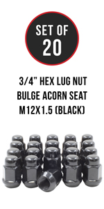 Set of 20 Black 12x1.5 Hex Bulge Acorn Lug Nut