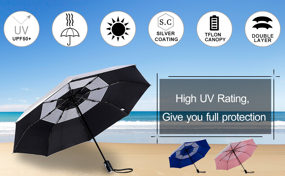 G4Free UPF 50+ UV Protection Travel Umbrella 42/46 Inch Auto Open Close Silver Vent Double