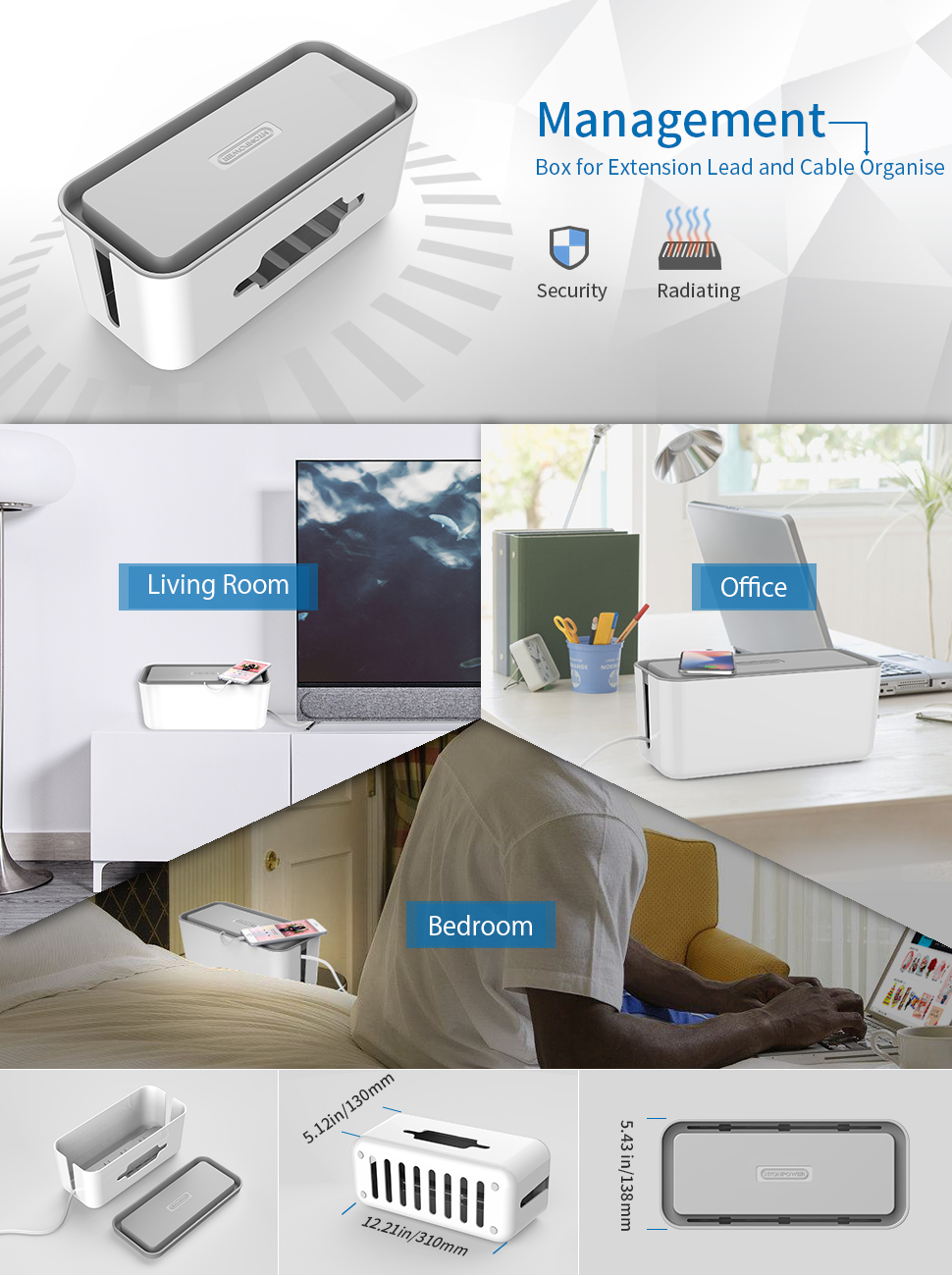 Wire Tidy Box for TV Cable Management, NTONPOWER Extension Cable