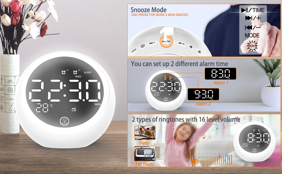 ANOLE Digital Alarm Clock Bedside Radio Alarm Clocks with 2 USB