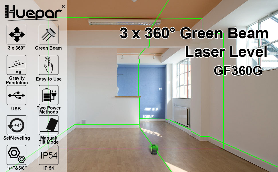 Huepar 3x360 Laser Level 3d Green Beam Self Leveling Cross Line