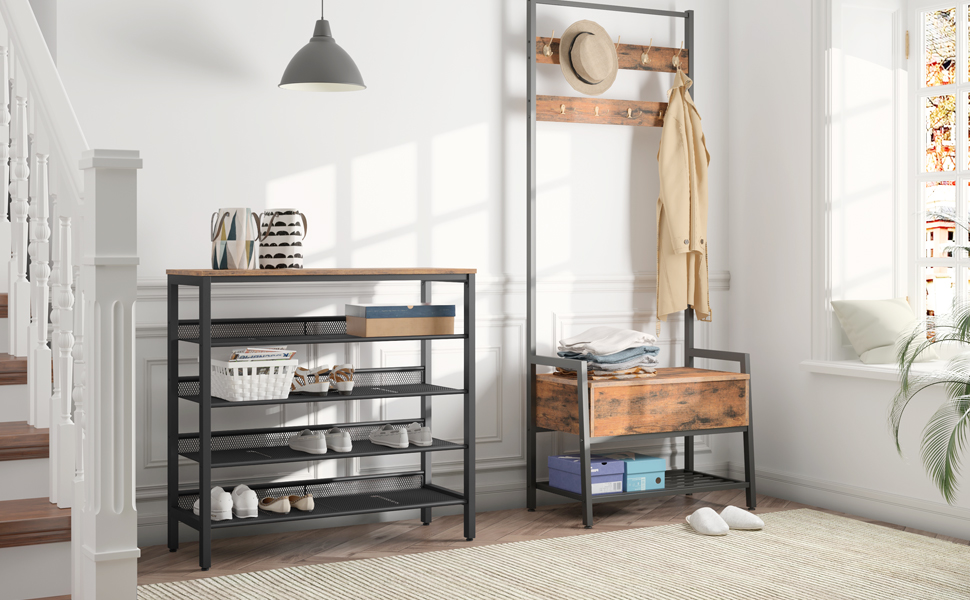 Schuhregal, 5-lagiges Schuhablage, Verstellbares Schuhbank, Flach Und Neigbar, Langlebig Und Stabil, Metall, Eingang, Korridor, Industrieraum, HOOBRO 75 X 30 X 85,1 Cm EBF01XJ01 12 EBF01XJ01