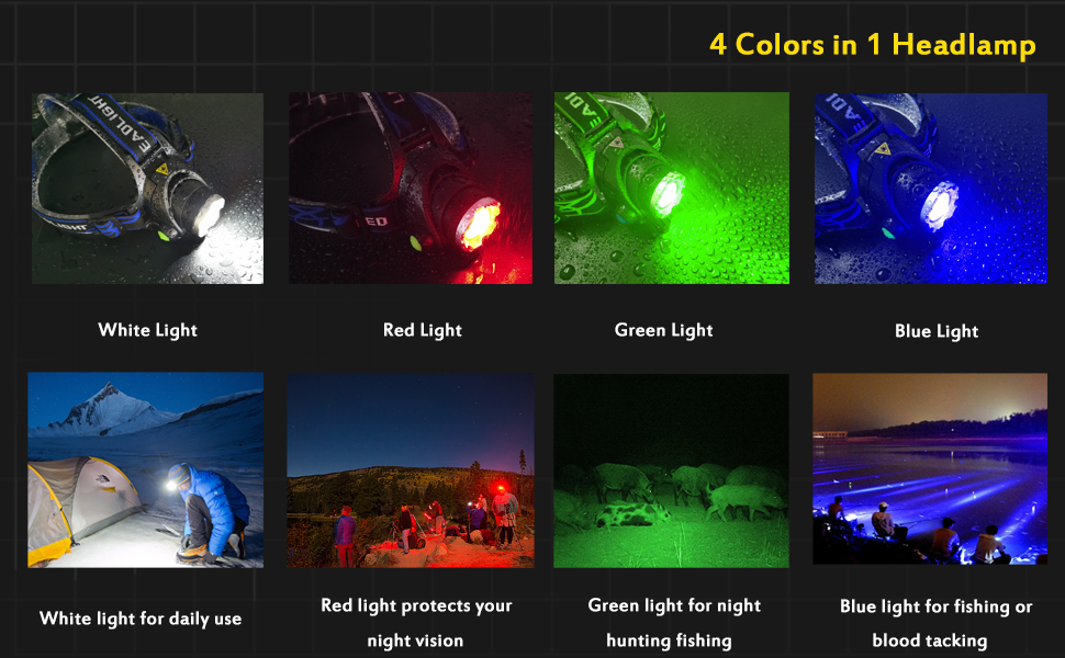 GaiGaiMall Multicolored Headlamp 4 in 1 800 Lumen Zoomable LED