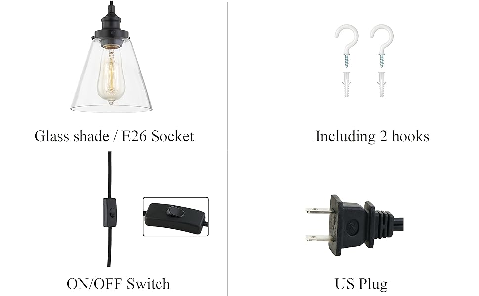 WOXXX Glass Plug In Pendant Light Black Farmhouse Pendant Lighting Plug