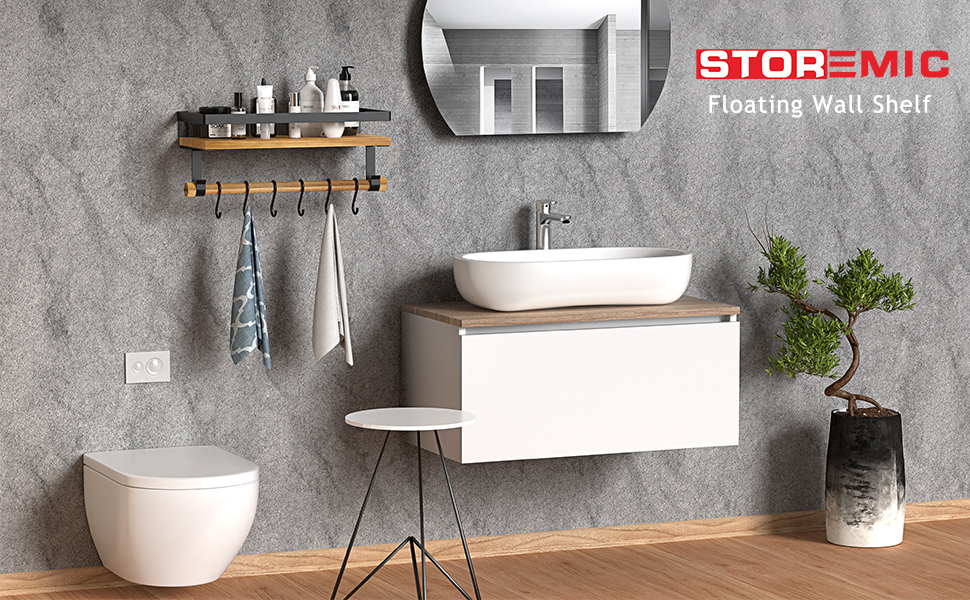 STOREMIC Floating Shelves, Shelf with Hooks wall mounted, Easy to