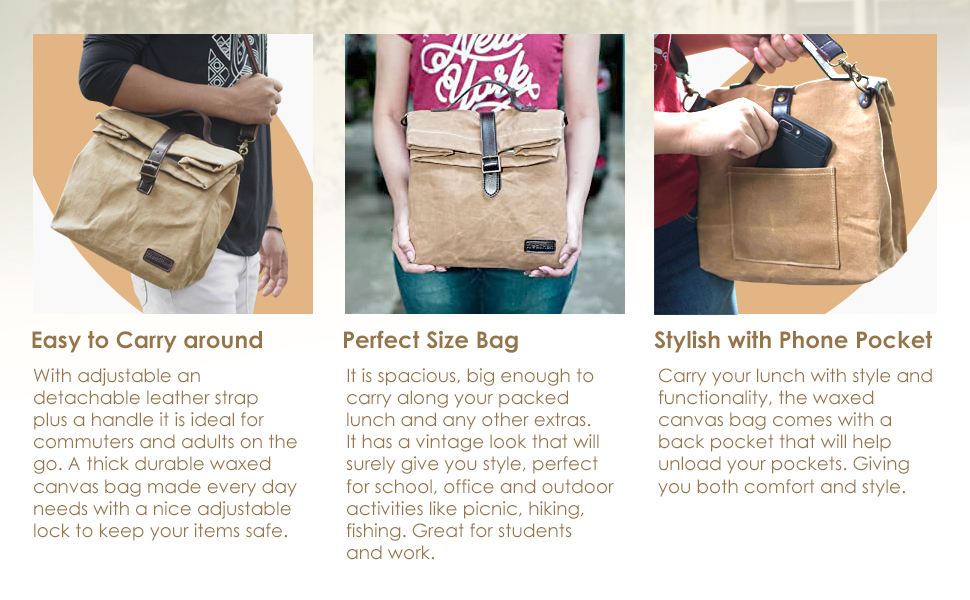 Insulated Waxed Canvas Lunch Bag (Brown), Adjustable Shoulder Strap and Handle, Water Resistant