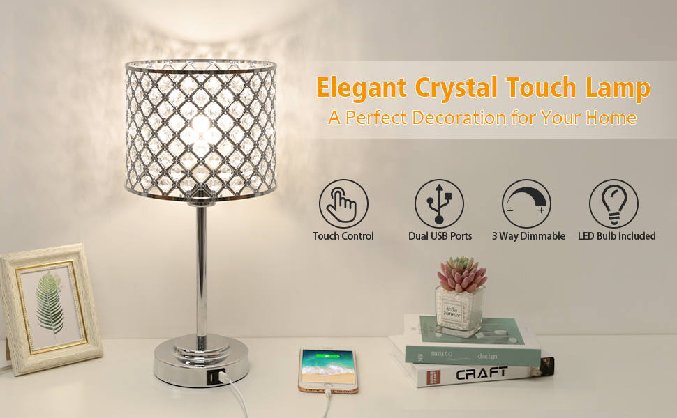 Crystal Table Lamp with 2 USB Ports, 3Way Dimmable Bedside Touch Lamp