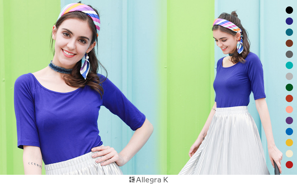 Amazon Allegra K 無地 Tシャツ ５分丈 五分袖tシャツ トップス ストレッチ スリム シンプル レディース Tシャツ カットソー 通販