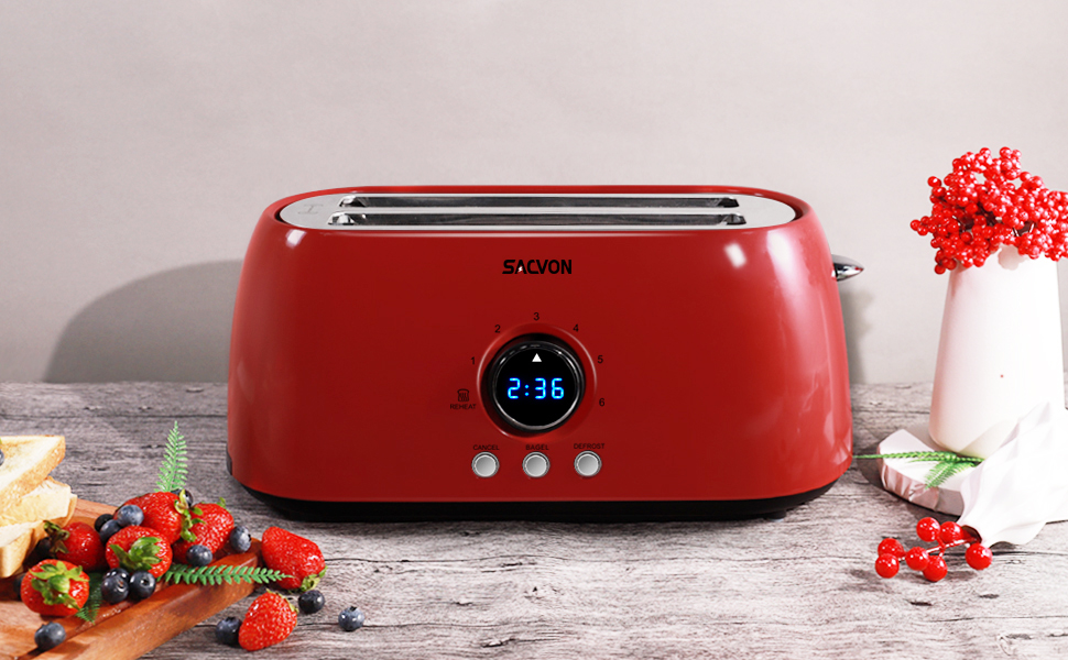 Toaster 4 Slice Long Slot, SACVON Stainless Steel Retro Toasters with