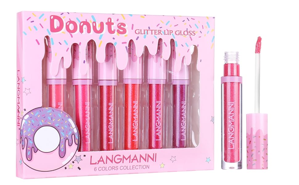 6PCS Set Donut Glitter Lip Gloss Shiny Diamond Liquid Lipstick Metallic Lip Color Lip Stains Tints