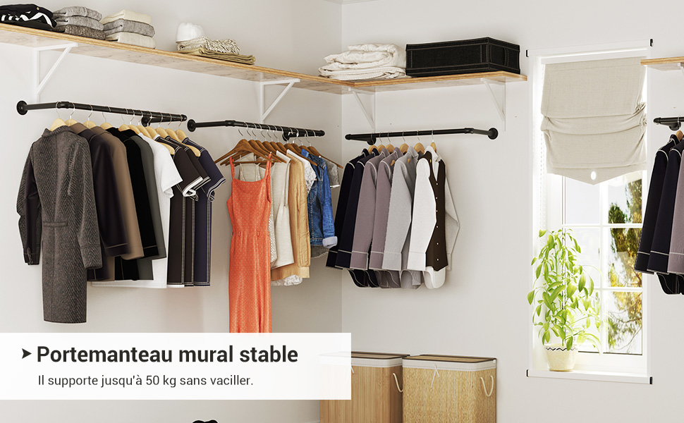 Songmics Portemanteau Mural, Lot De 2, Barres De Suspension Pour Vêtements En Tuyaux Industriels, Gain De Place, 92 X 30 X 7,5 Cm, Capacité De 50 Kg, Installation Facile, Noir HSR67BK02 11 HSR67BK02