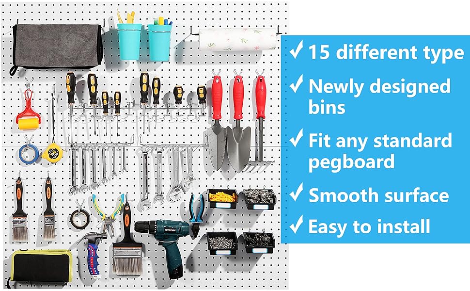 Pegboard Hooks, with Bins, Peg Locks, for Organizing Various Tools, 131