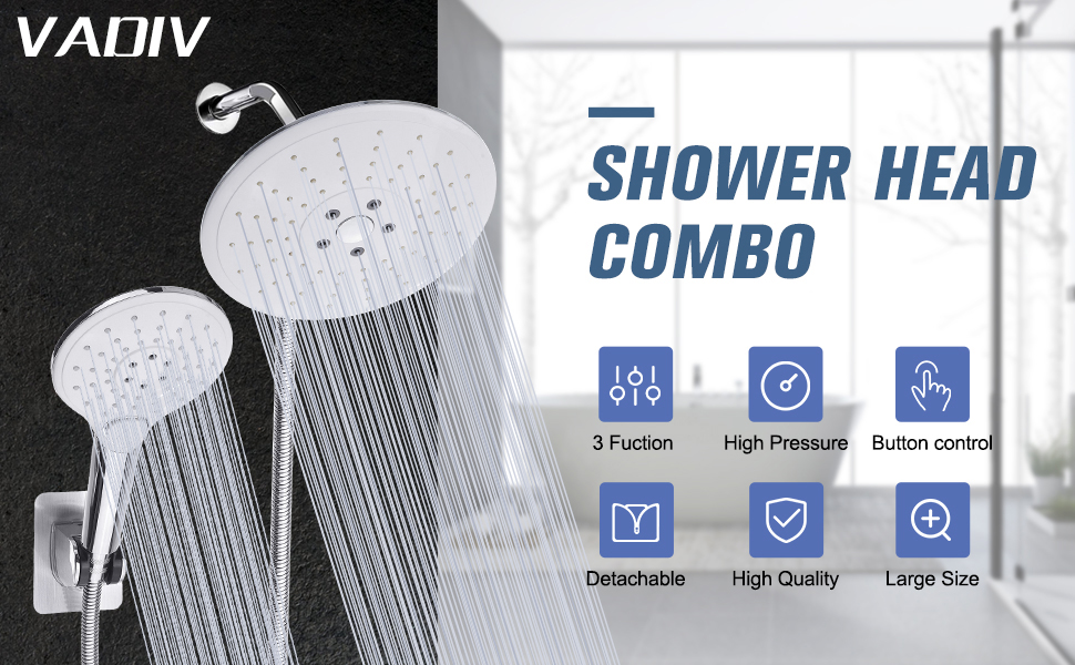 VADIV 9.8'' High Pressure Shower Head Combo with Adjustable Fixed