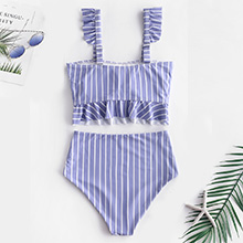 ZAFUL Striped Ruffle High Waisted Tankini Set