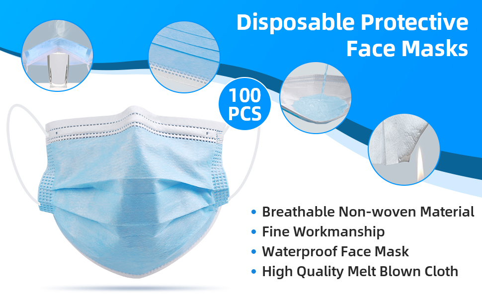 Medical Face Mask Disposable 100 Pcs, 3 Layer Breathable