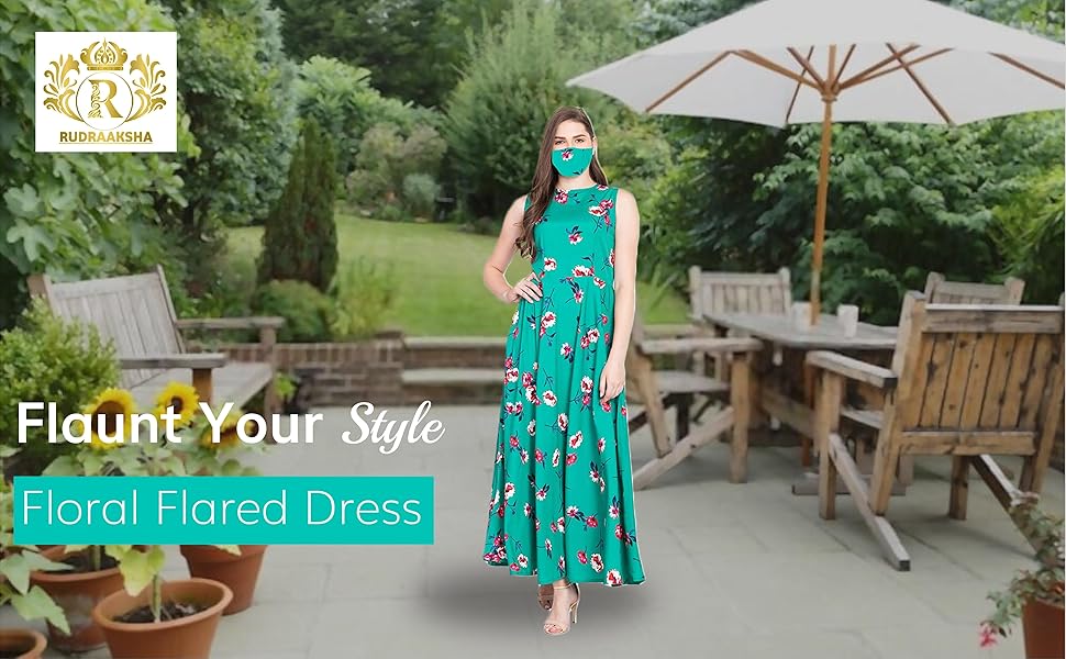 B08FHCRS2F RUDRAKRITI Women Crepe Green Floral Flared Dress with Free mask SPN FOR-1