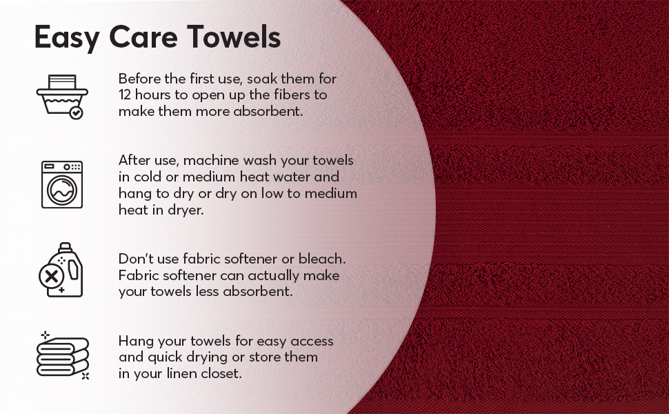 Infographic showing how to care for your Burgundy Turkish towel set