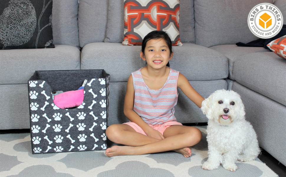 Bins & things dog toy bin storage basket thick felt dog toy box with cute dog paws and bones prints Clearance