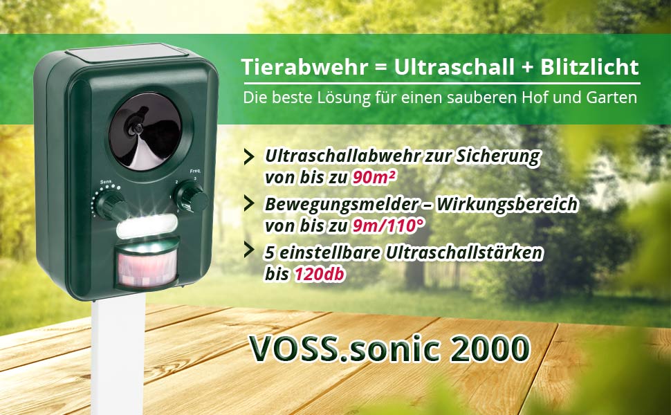 VOSS.sonic 2000 Ultraschall Abwehr mit Solarbetrieb und Blitz gegen Katzen, Hunde, Marder VOSS.sonic 2000 Ultraschall Abwehr mit Solarbetrieb und Blitz gegen Katzen, Hunde, Marder
