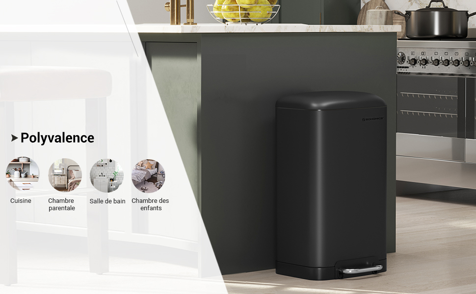 Poubelle 30L, Avec Pédale En Acier, Seau Intérieur, Couvercle, Fermeture Discrète, Hermétique, Pour Cuisine, Salon, Noir LTB01BK Par SONGMICS 11 LTB01BK