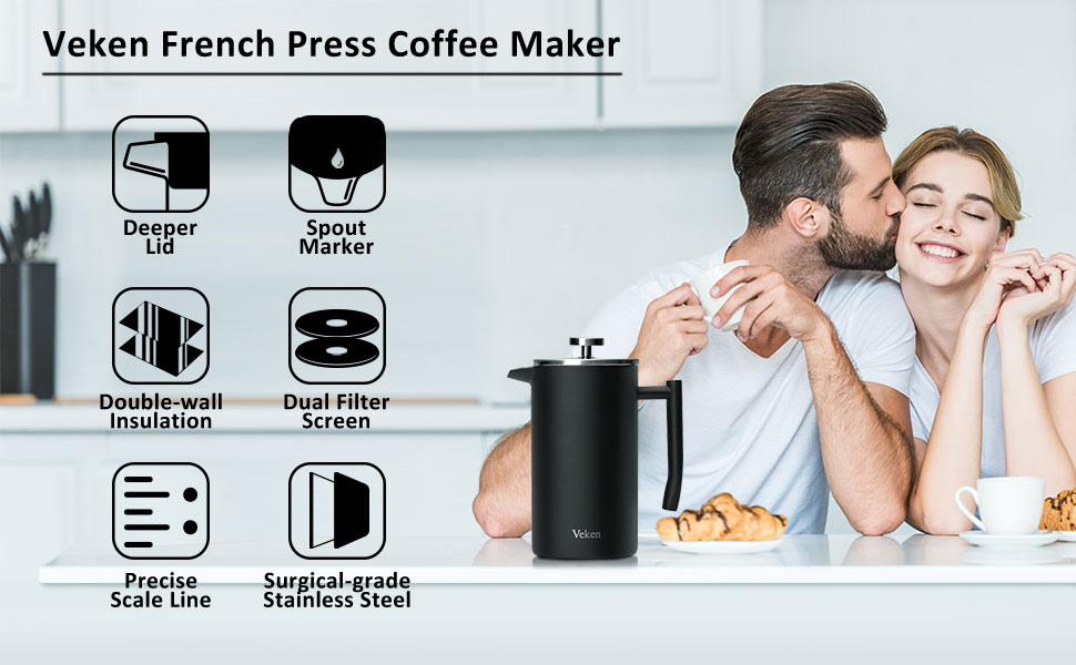 Veken French Press Coffee maker, DoubleWall 304 Stainless