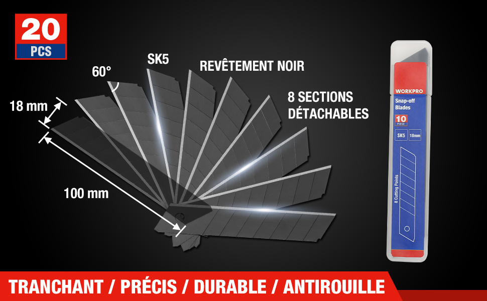 WORKPRO Lot De 5 Cutters Professionnels, Couteau Utilitaire Rétractable 18mm, Couteau De Graphique Avec Lame En SK5 (20 Lames De Rechanges Compris), Idéales Pour Couper Les Papiers, Les Cartons 14 3