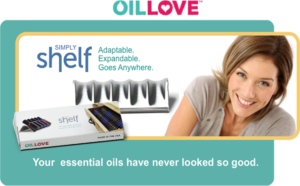 Smiling woman looking at Simply Shelf essential oils storage system