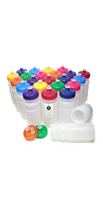 Set of 24 BPA-free plastic water bottles. Assorted colors. Variety pack shown.