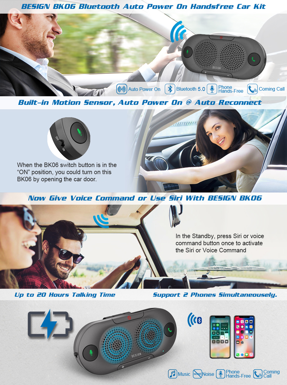 Besign BK06 Bluetooth 5.0 in Car Speakerphone with Visor Clip, Wireless Car Kit for Handsfree