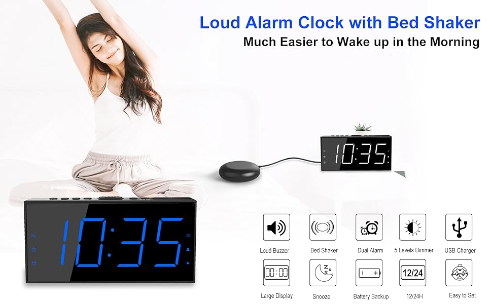 Loud Alarm Clock for Heavy Sleepers,Vibrating Alarm Clock for Hearing Impaired Deaf