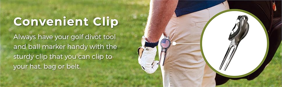 Clips onto your golf pants, bag, hat